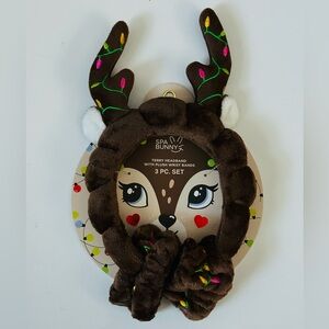 NEW! Spa Bunny Plush Reindeer Headband & Wristband Home Facial Care Spa Set- NWT